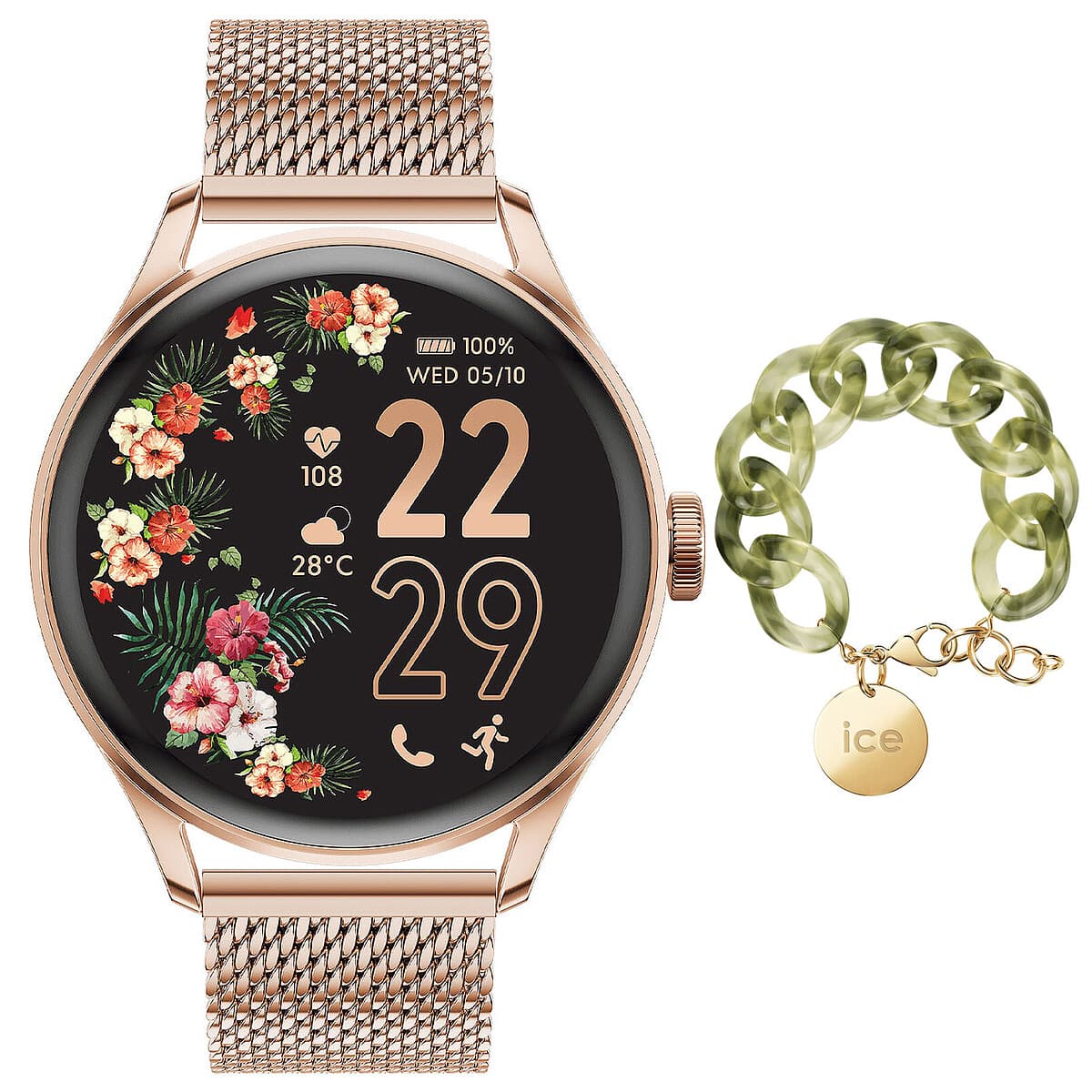Ice Watch Ice Smart 2.0 1.20 Rose/Or Bracelet Milanais + Bracelet Chaine Opaline Vert OFFERT !