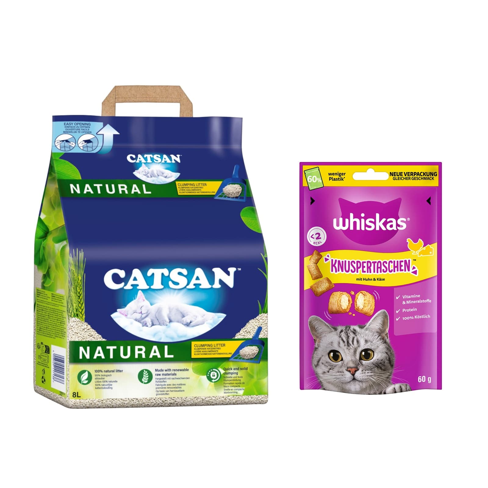Catsan 8 a 18 l arena + Catisfactions / Whiskas Temptations ¡gratis! - Natural arena aglomerante (8 l) + Whiskas Temptations Pollo y queso (60 g)