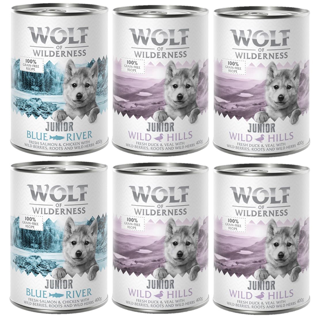 Wolf of Wilderness Junior 12 x 400 g - Pack Ahorro - Pack mixto: 8x Pato y ternera, 4x Pollo y salmón