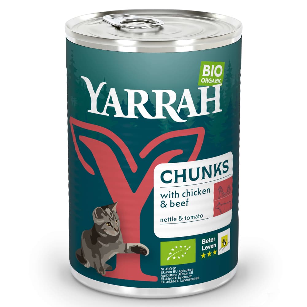 Yarrah Bio Chunks - 6 x 405 g - Pollo y vacuno ecológicos con ortiga y tomate ecológicos