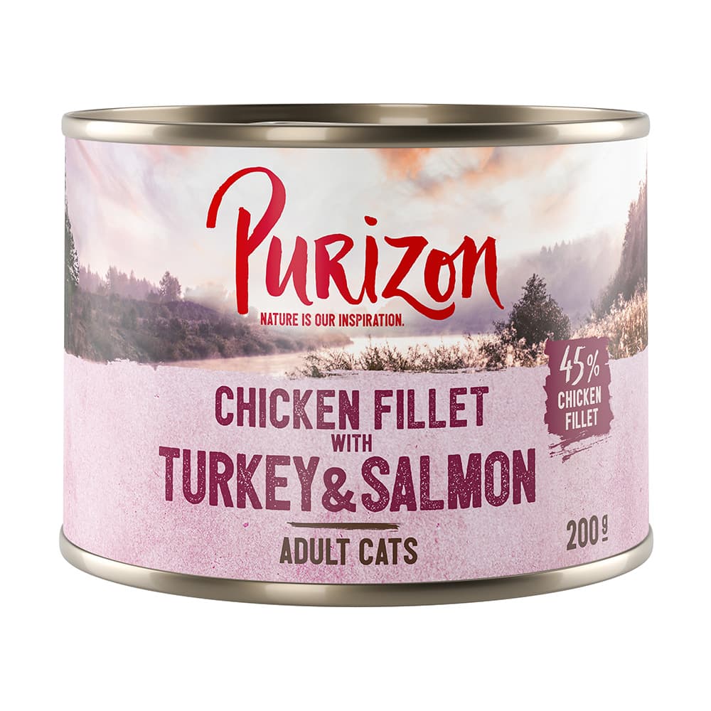 Purizon Adult 12 x 200 g comida húmeda para gatos, sin cereales - Pack ahorro - Filete de pollo con pavo y salmón