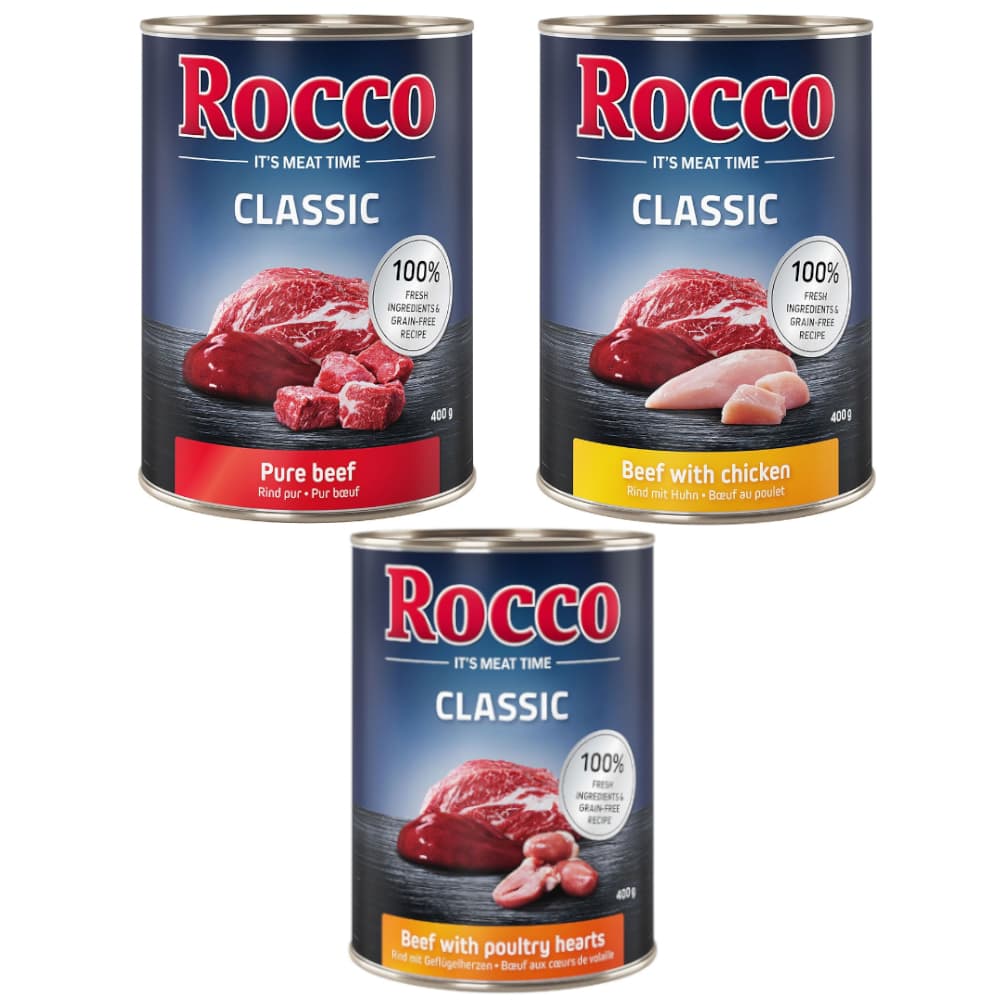 Rocco Classic 24 x 400 g - Pack Ahorro - Pack mixto Top Ventas (vacuno puro, vacuno con corazones de ave, vacuno y pollo)
