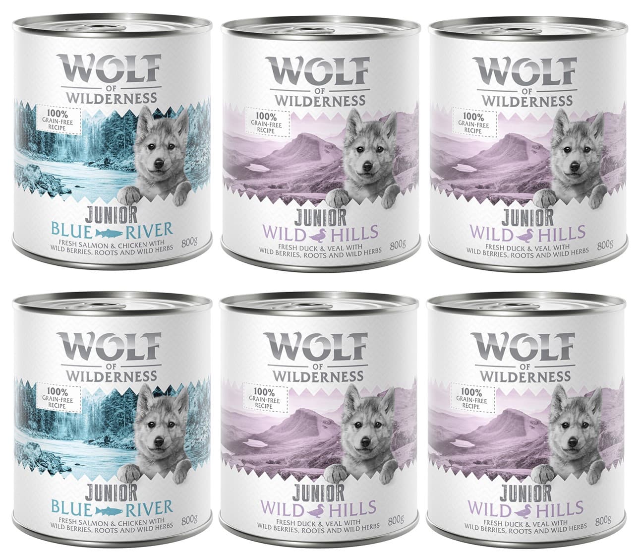 Wolf of Wilderness Junior 12 x 800 g - Pack Ahorro - Pack mixto: 8x Pato y ternera, 4x Pollo y salmón