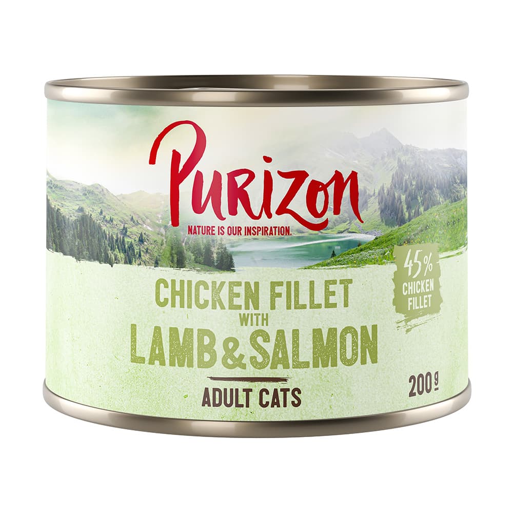 Purizon Adult 12 x 200 g comida húmeda para gatos, sin cereales - Pack ahorro - Filete de pollo con salmón y cordero
