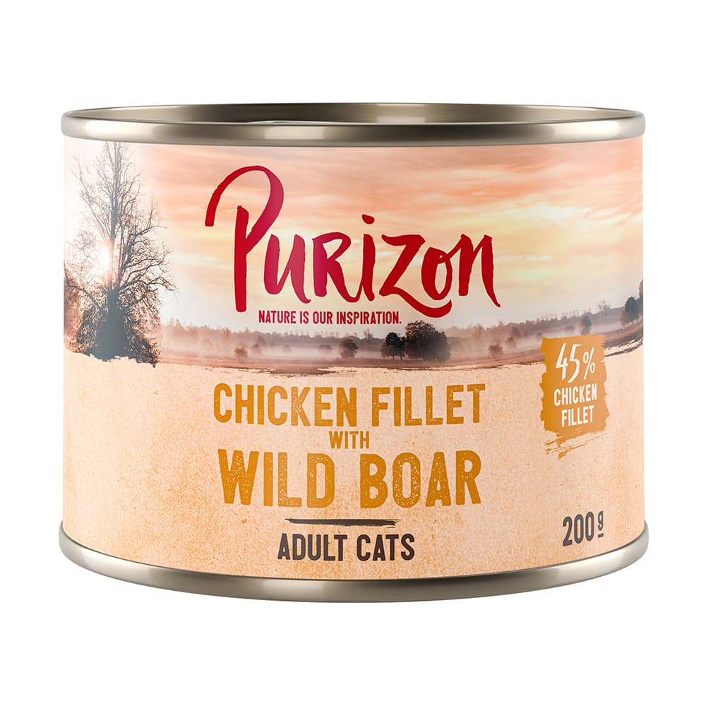 Purizon Adult 12 x 200 g comida húmeda para gatos, sin cereales - Pack ahorro - Filete de pollo con jabalí