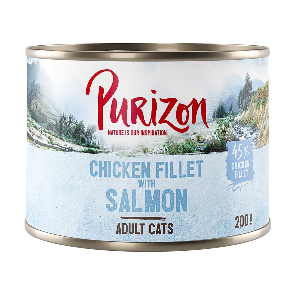 Purizon Adult 12 x 200 g comida húmeda para gatos, sin cereales - Pack ahorro - Filete de pollo con salmón