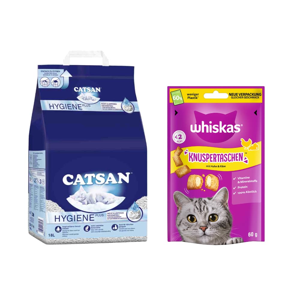 Catsan 8 a 18 l arena + Catisfactions / Whiskas Temptations ¡gratis! - Hygiene Plus arena absorbente (18 l) + Whiskas Temptations Pollo y queso (60 g)