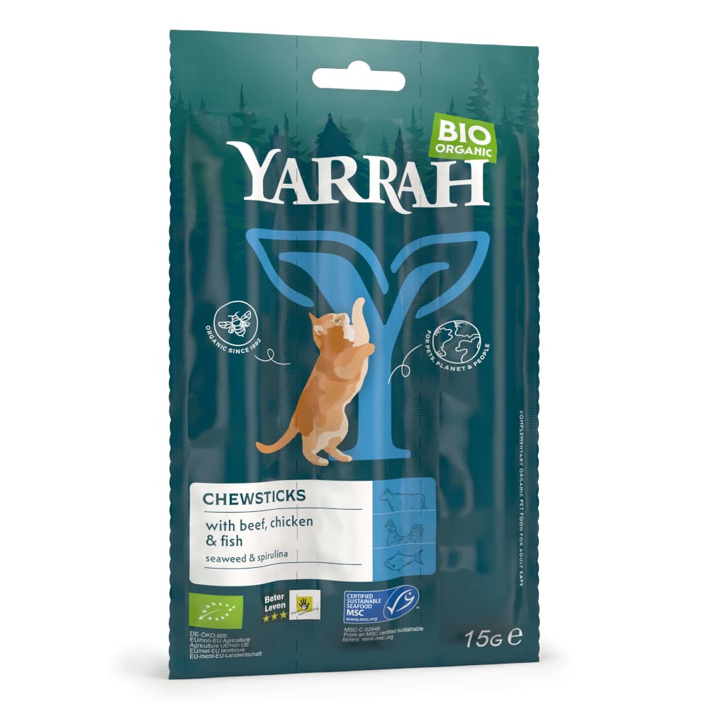 Yarrah Bio barritas con vacuno ecológico, pollo ecológico y pescado - Palitos 27 x 15 g - Pack Ahorro