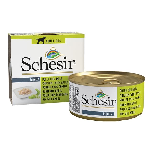 Schesir - Comida húmeda para perros adultos Schesir filetes de pollo con manzana en gelatina 150 g.