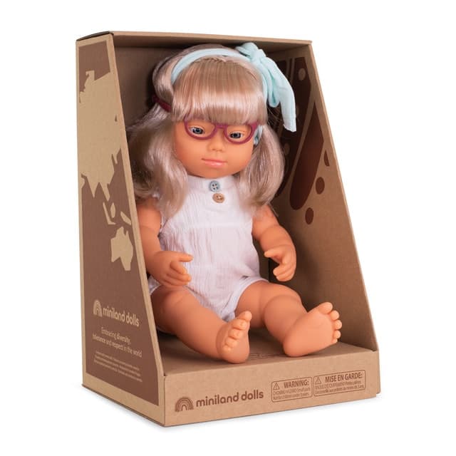 Miniland - Muñeca de 38cm Sindrome de Down con gafas y vestido. - Image 1