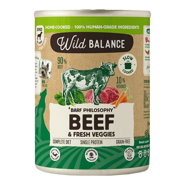 Wild Balance - Comida húmeda para perros adultos Wild Balance barf cocinado al vapor trozos ternera y verduras frescas 400 g.