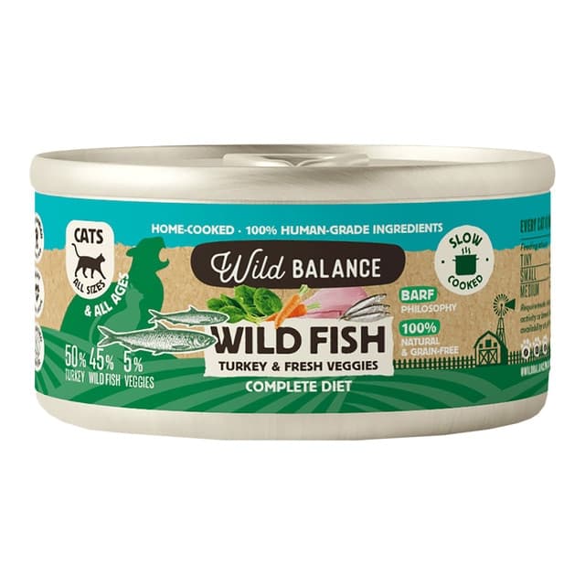 Wild Balance - Comida húmeda para gatos Wild Balance barf cocinado al vapor pescado salvaje, pavo y verduras frescas 120 g.