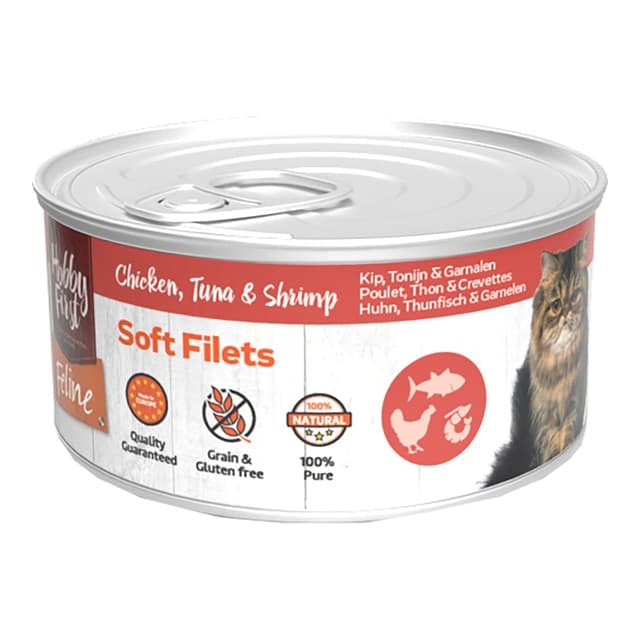 Hobby First - Comida húmeda para gatos adultos Hobby First filetes pollo, atún y gambas 70 g.