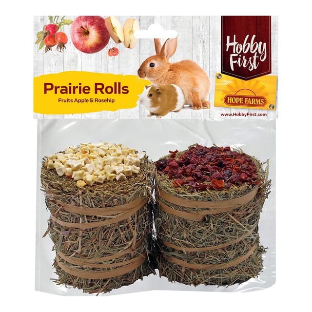 Hobby First - Rollos de heno para conejos y roedores con manzana y rosa mosqueta Hoby First 2 x 100 g.