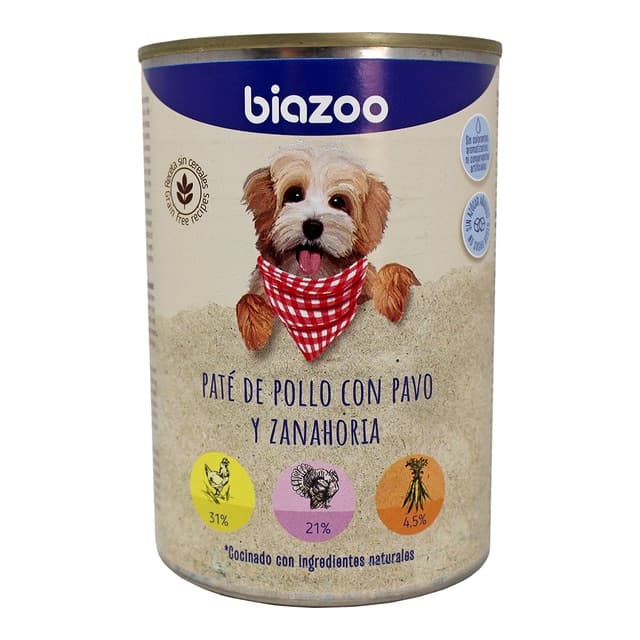 Biazoo - Comida húmeda para perros adultos Biazoo paté de pollo con pavo y zanahoria grain free 395 g.