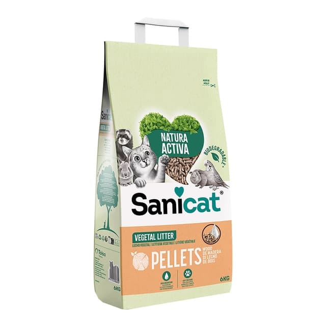 Sanicat - Lecho ecológico Sanicat para gatos, roedores y pájaros Natura Activa pellets de madera 6 kg.
