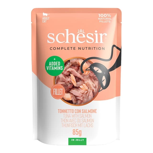 Schesir - Comida húmeda para gatos adultos Schesir atún con salmón 85 g.