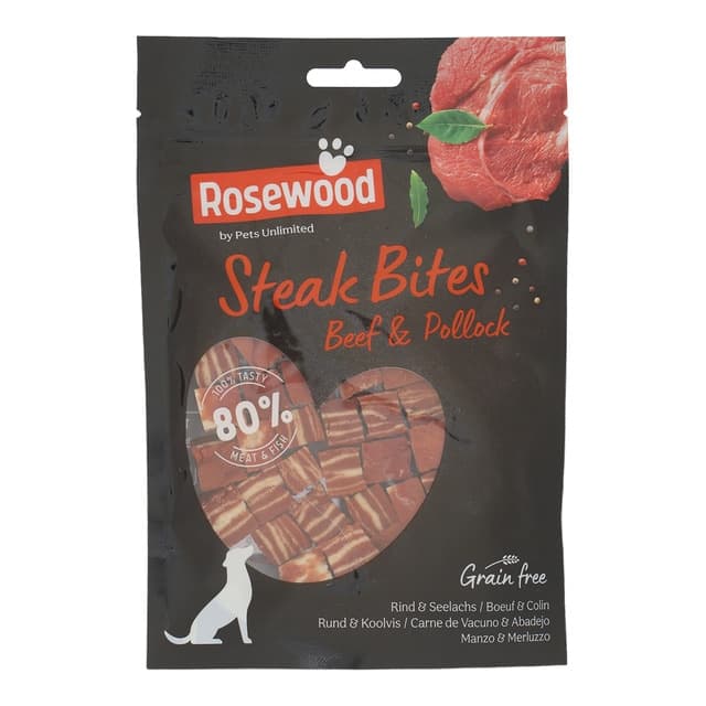 Rosewood - Snack para perros adultos medianos y grandes Steak Bites Rosewood ternera y abadejo 100 g.