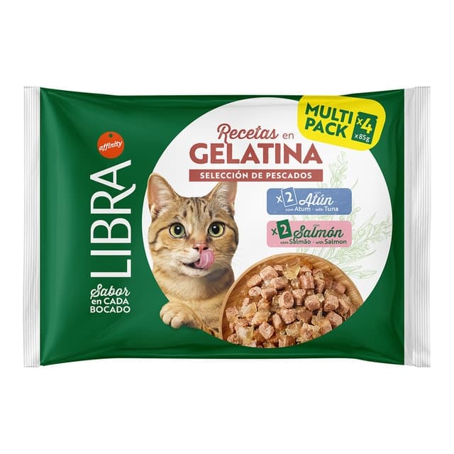 Libra - Comida húmeda para gatos adultos Libra recetas en gelatina 2x 85g atún 2x 85g salmón.