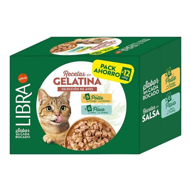 Libra - Comida húmeda para gatos adultos Libra recetas en gelatina pollo y pavo.