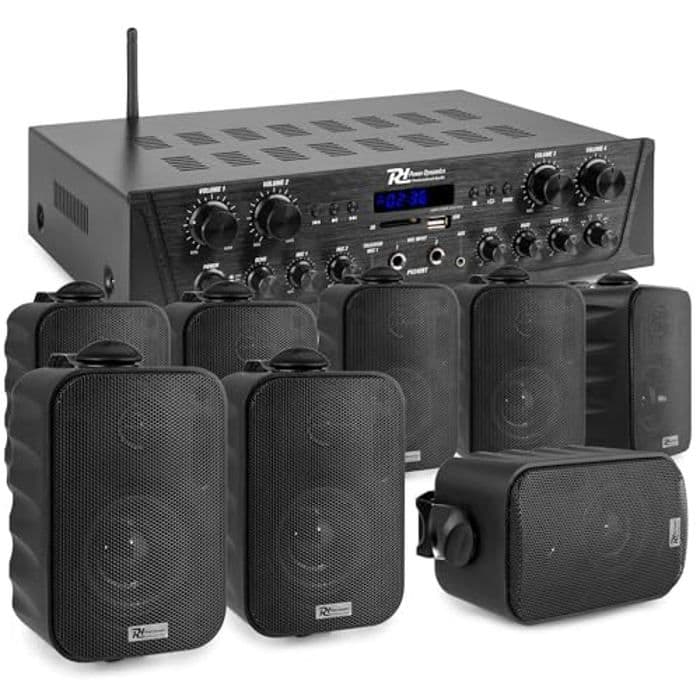 Pack Sonorisation 4 Zones - POWER DYNAMICS - 400 Watts - Bluetooth - 8 Enceintes Noires - Lecteur MP3, Radio FM