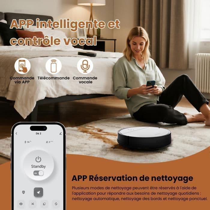 Zynet D6 Aspirateur Robot 3000Pa/150+Min, 5 Modes, recharge automatique, APP/WiFi/Alexa/Siri Control, Poils d’Animaux et Tapis - Image 5
