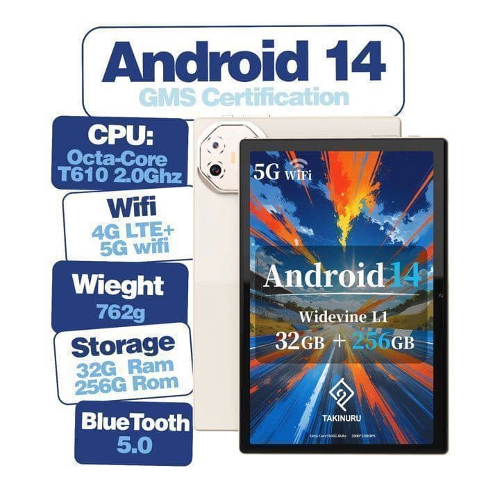 Tablette tactile - TAKINURU - 10,1 pouces - Android 15 - 32 Go RAM - 256 Go de stockage 8000mAh, Wi-Fi 5G,dorée - Image 3