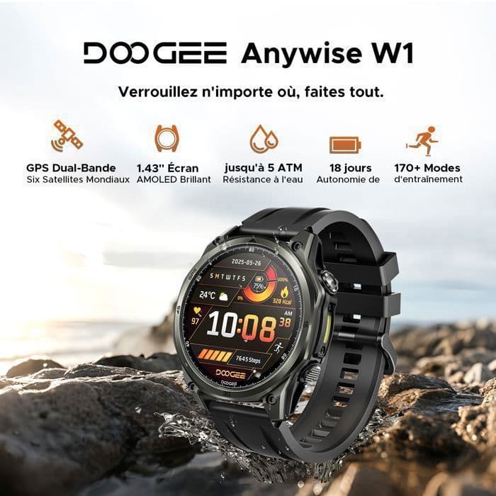 Montre Connectée Homme Sport ,5ATM,Écran 1.43",Montre Intelligente,GPS Double Fréquence,DOOGEE Anywise W1,170+ Modes ,3 Bandes- Noir - Image 4