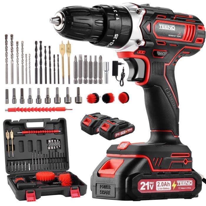 Perceuse Perceuse Visseuse Sans Fil - TEENO - Perceuse Visseuse 21V - 45 Nm - 2 vitesses - 2x2.0Ah