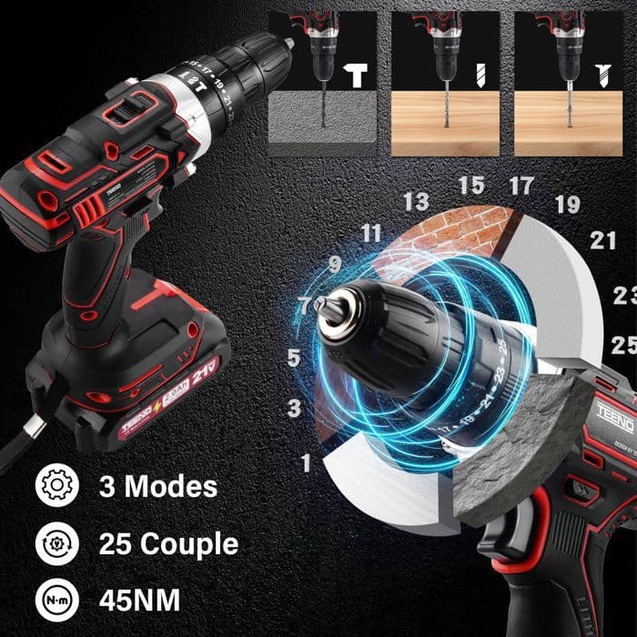 Perceuse Visseuse Sans Fil - TEENO - Perceuse Visseuse 21V - 45 Nm - 2 vitesses - 2x2.0Ah - Image 5