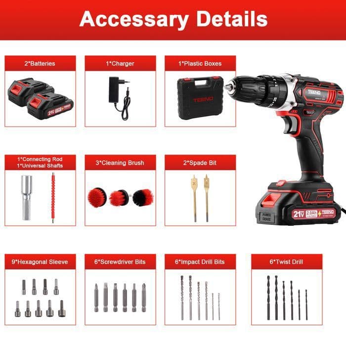 Perceuse Visseuse Sans Fil - TEENO - Perceuse Visseuse 21V - 45 Nm - 2 vitesses - 2x2.0Ah - Image 1