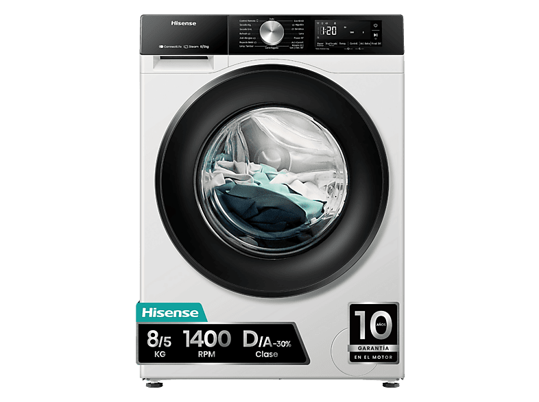 Lavadora secadora - Hisense WD3S8043BW3, 8 kg/5 kg, 1400 rpm, 16 programas. Clase A-30%, WiFi, Blanco - Image 1