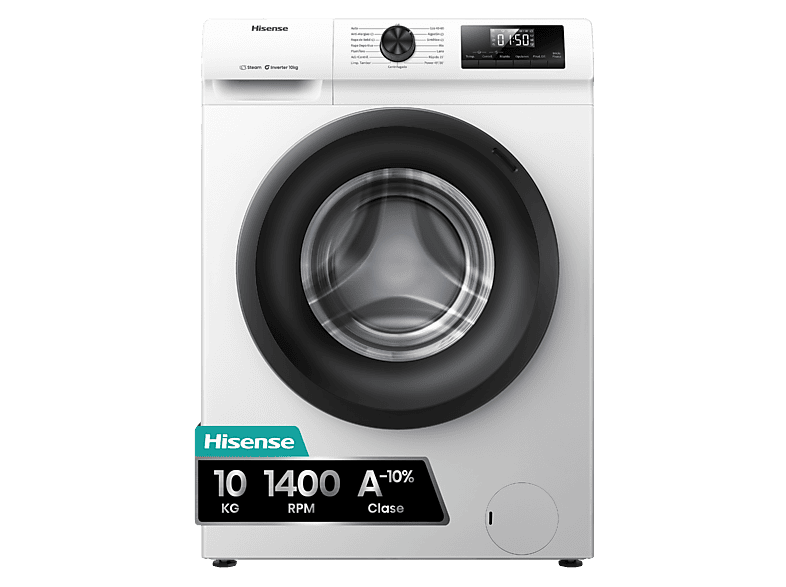 Lavadora carga frontal - Hisense WF1Q1041BW, 10 kg, 1400 Rpm, Función Vapor, Eficiencia A-20%, Blanco - Image 1