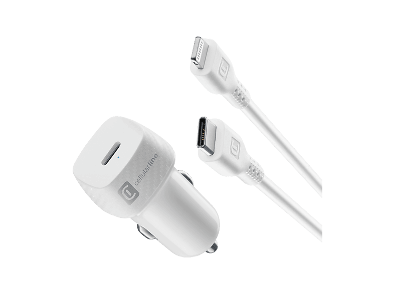 Cargador USB para coche - CellularLine CAR CHARGER KIT, Ultrarrápido, 20 W, Para iPhone, Con cable 100 cm, Tipo C a Lightning, Blanco - Image 1