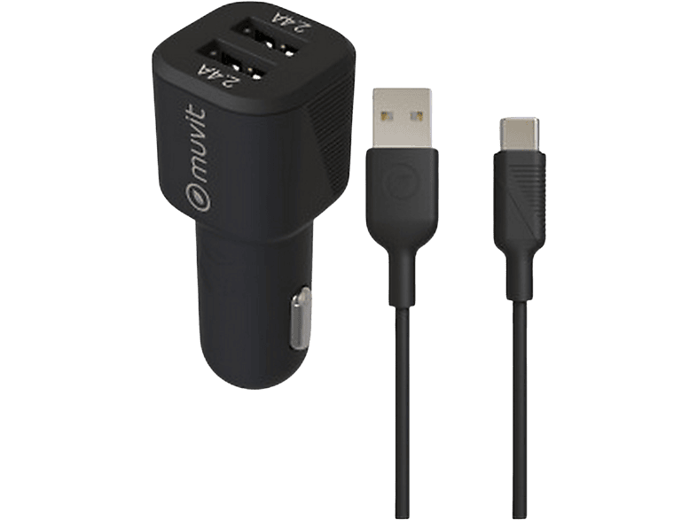 Cargador USB para coche - Muvit For Change MCPAK0052, 2x USB-A, Universal, 1.2m, Negro + Cable USB-C a USB-A - Image 1