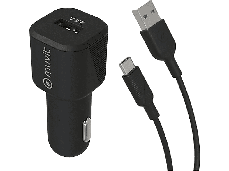 Cargador USB para coche - Muvit MCPAK0015, USB-A, USB-C, Universal, 12W, 1.2 m, 2.4A, Negro - Image 1