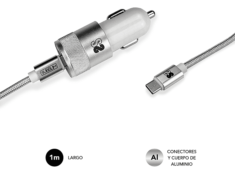 Vehículo - SUBBLIM SUBBLIM Dual PD Car Charger / Cargador de vehículo USB-C 18W + Cable USB-C 1 metro, 4 puertos, Plata - Image 1
