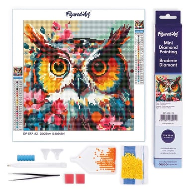 Mini Diamond Painting Broderie Diamant Figured’Art 25x25cm toile entière roulée avec diamants ronds - Hibou Fantaisie et Fleurs - Image 1
