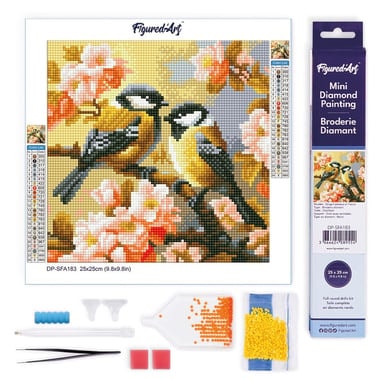 Mini Diamond Painting Broderie Diamant Figured’Art 25x25cm toile entière roulée avec diamants ronds - Couple d'Oiseaux parmi les Fleurs - Image 1