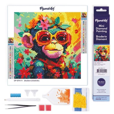 Mini Diamond Painting Broderie Diamant Figured’Art 25x25cm toile entière roulée avec diamants ronds - Singe Fantaisie et Fleurs - Image 1