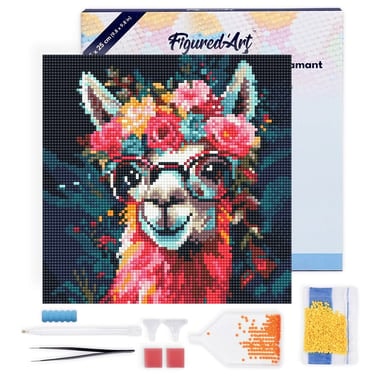 Mini Diamond Painting Broderie Diamant Figured’Art 25x25cm toile tendue sur châssis en bois - diamants ronds - Lama Fantaisie et Fleurs - Image 1