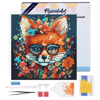 Mini Diamond Painting Broderie Diamant Figured’Art 25x25cm toile tendue sur châssis en bois - diamants ronds - Renard Fantaisie et Fleurs - Image 1