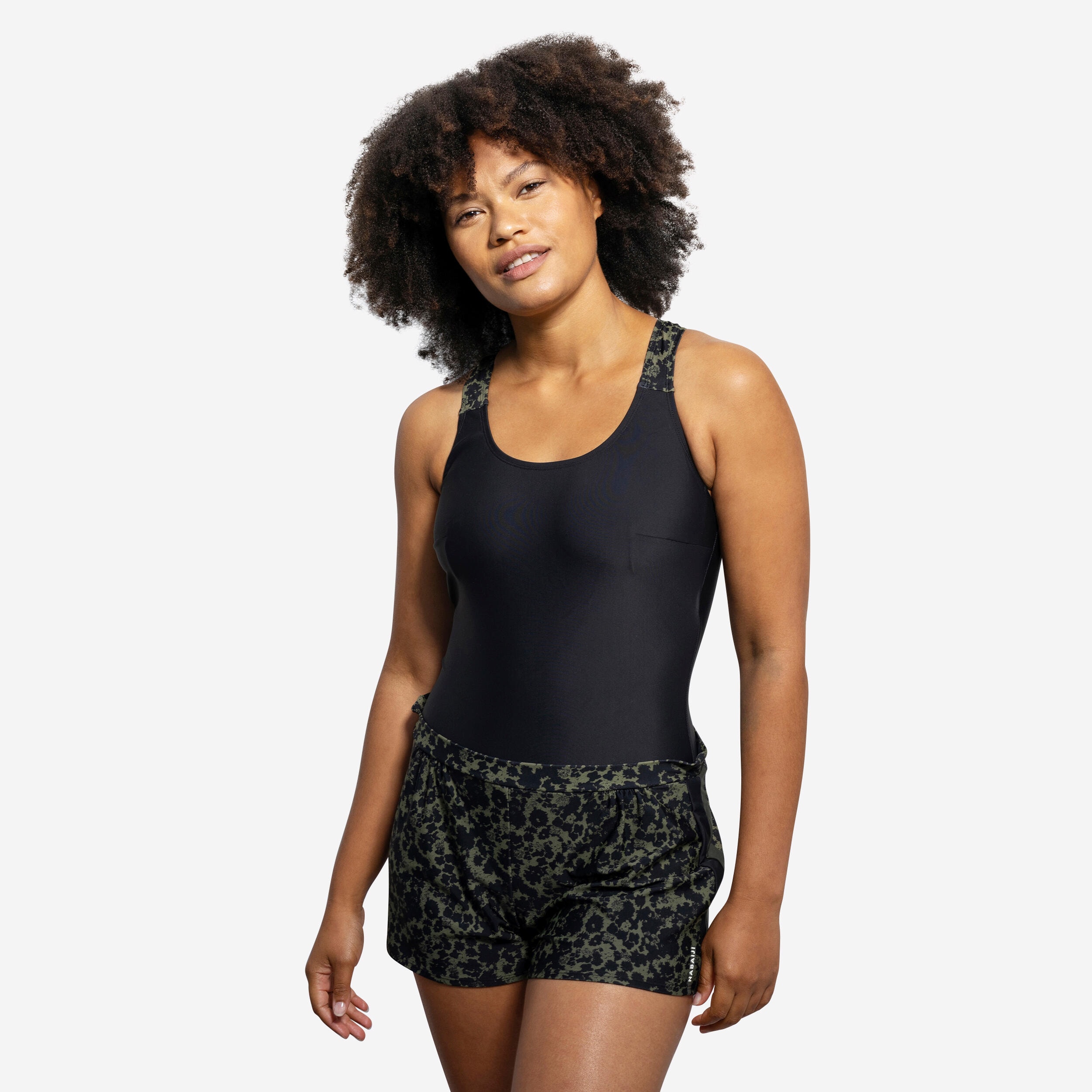 Maillot de bain 1 pièce short loose Aquafitness femme Sofi Lica noir kaki - Image 1