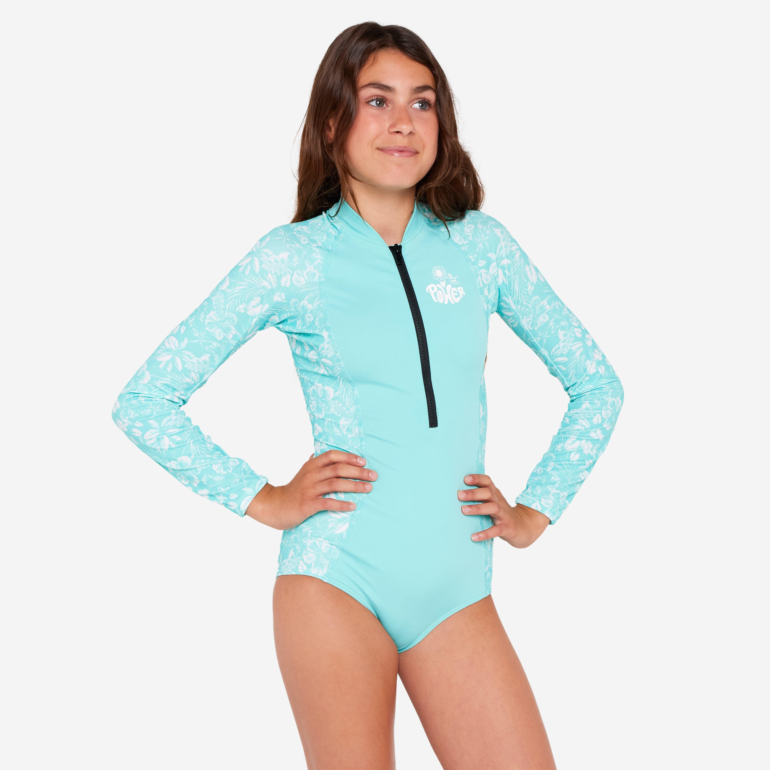 Maillot de bain une pièce surf manches longues zip avant Fille - 500 turquoise - Image 1