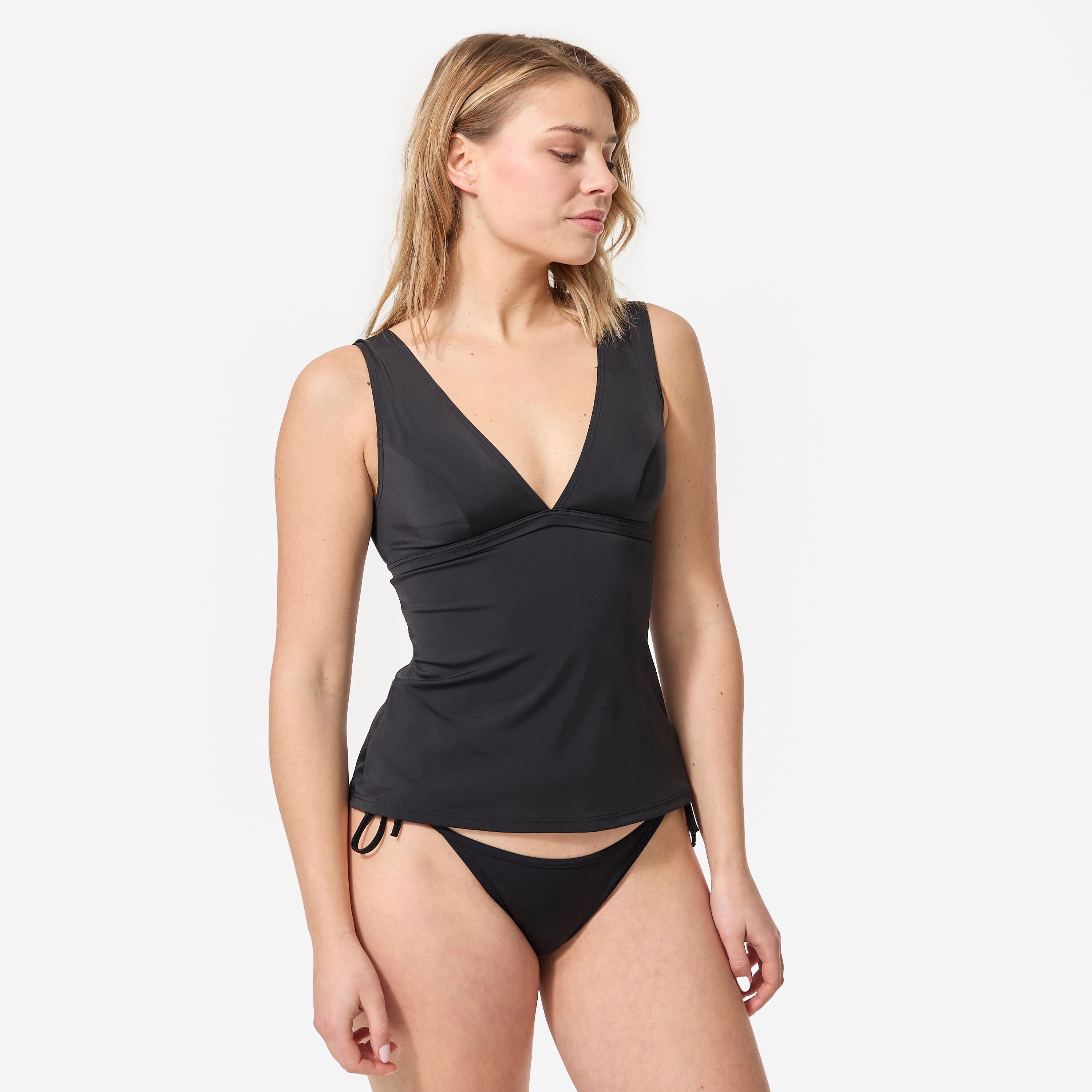 Haut de maillot de bain tankini marine uni noir décolleté v et coques amovibles - Image 1