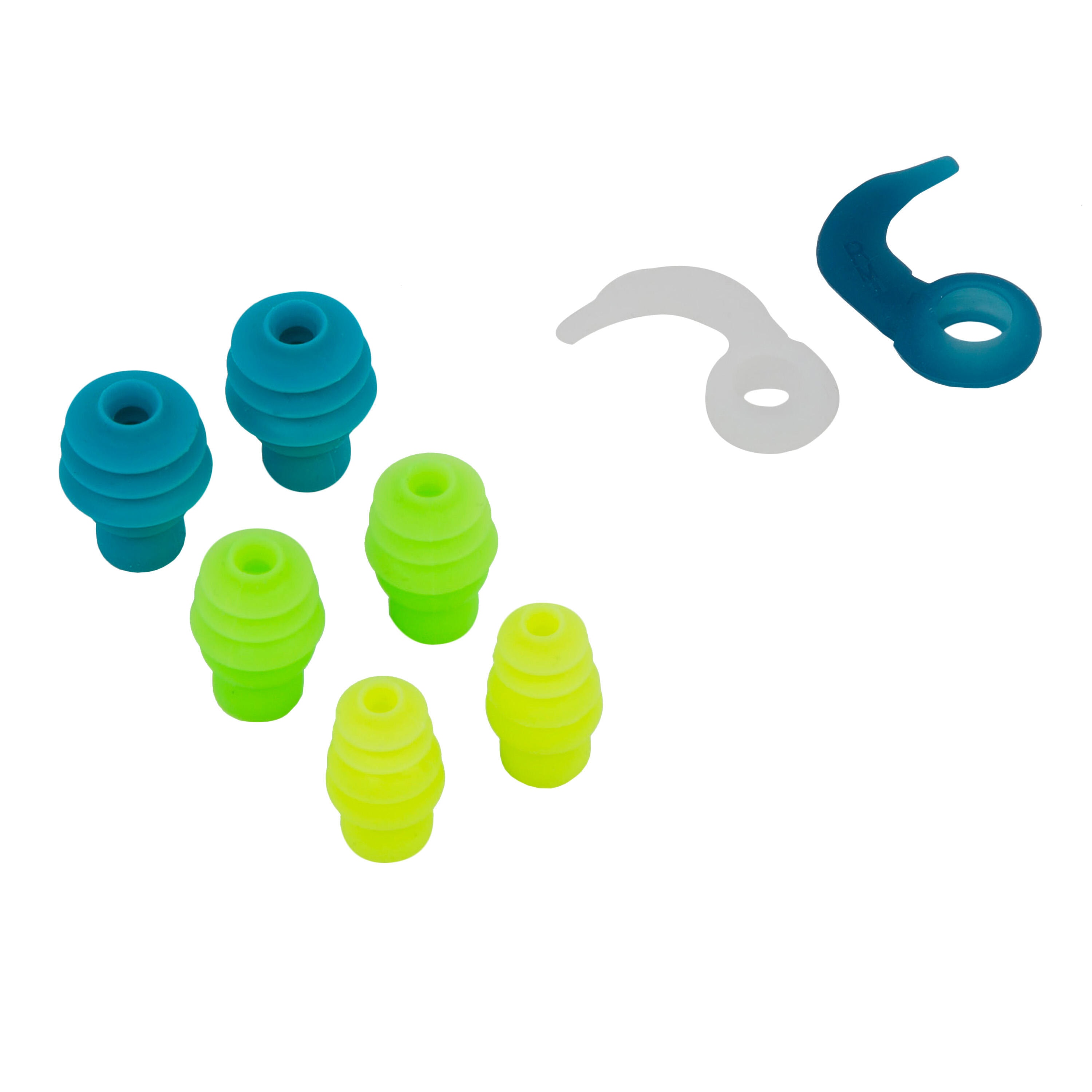 Bouchons d'oreilles de natation forme sapin silicone - bleu vert et jaune - Image 1