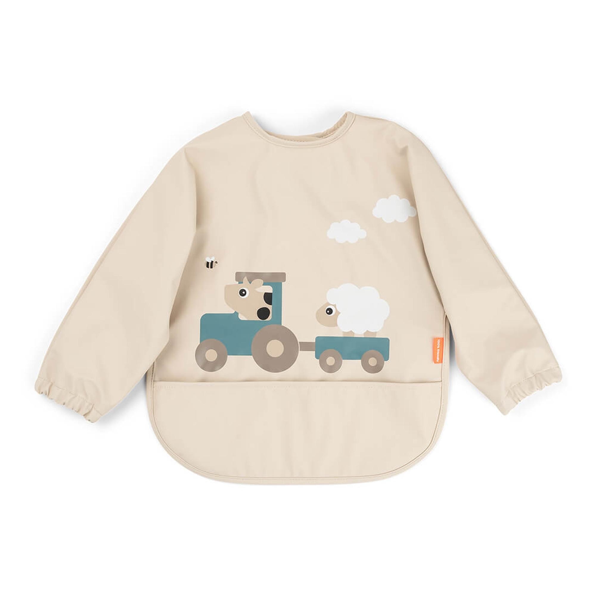 Done by Deer - Babero impermeable Done by Deer con bolsillo recoge migas y mangas Tiny Farm. - Image 1