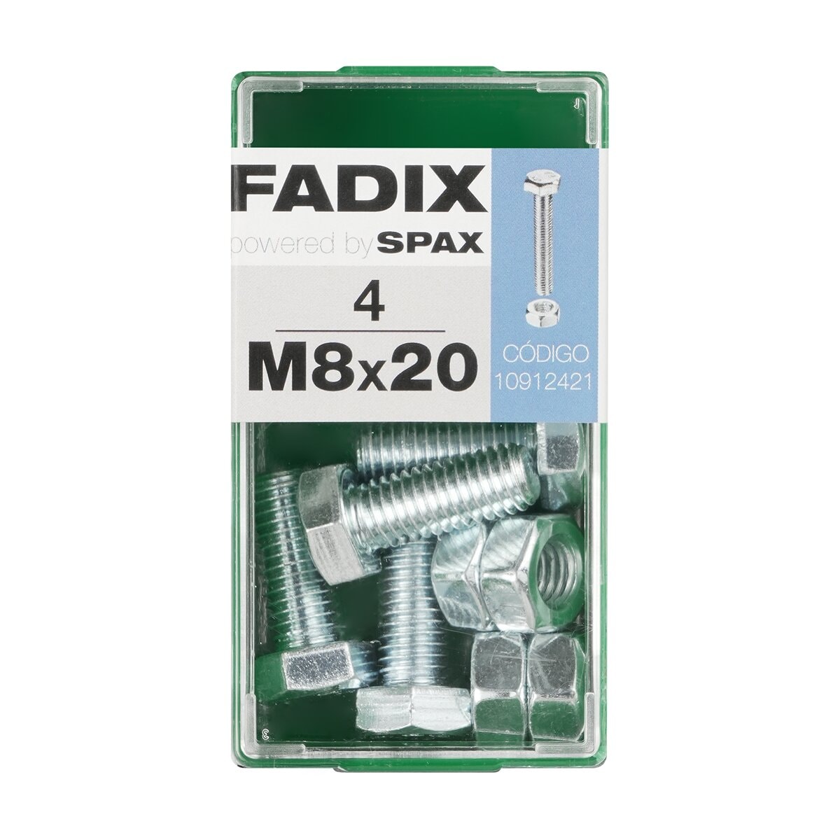 FADIX - Tornillo Cabeza Hexagonal + Tuerca M8 x 20 mm - Caja 4 Uds. - Image 1