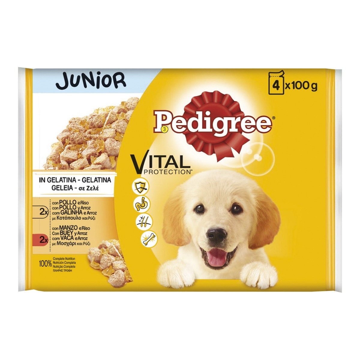 Pedigree - Comida húmeda para perros cachorros Pedigree Vital Protection Junior bolsitas pollo y buey gelatina 4 x 100 g. - Image 1