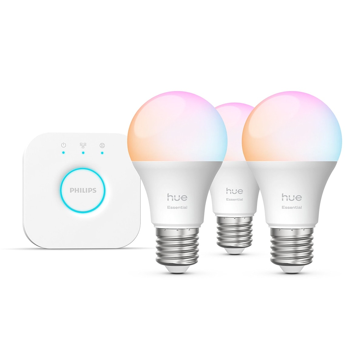 Philips - Bombilla inteligente LED Hue Essential: Pack 3 ud E27 8W + Hue Bridge, RGB, Regulable, Control App y Voz, Asistentes de voz. - Image 1